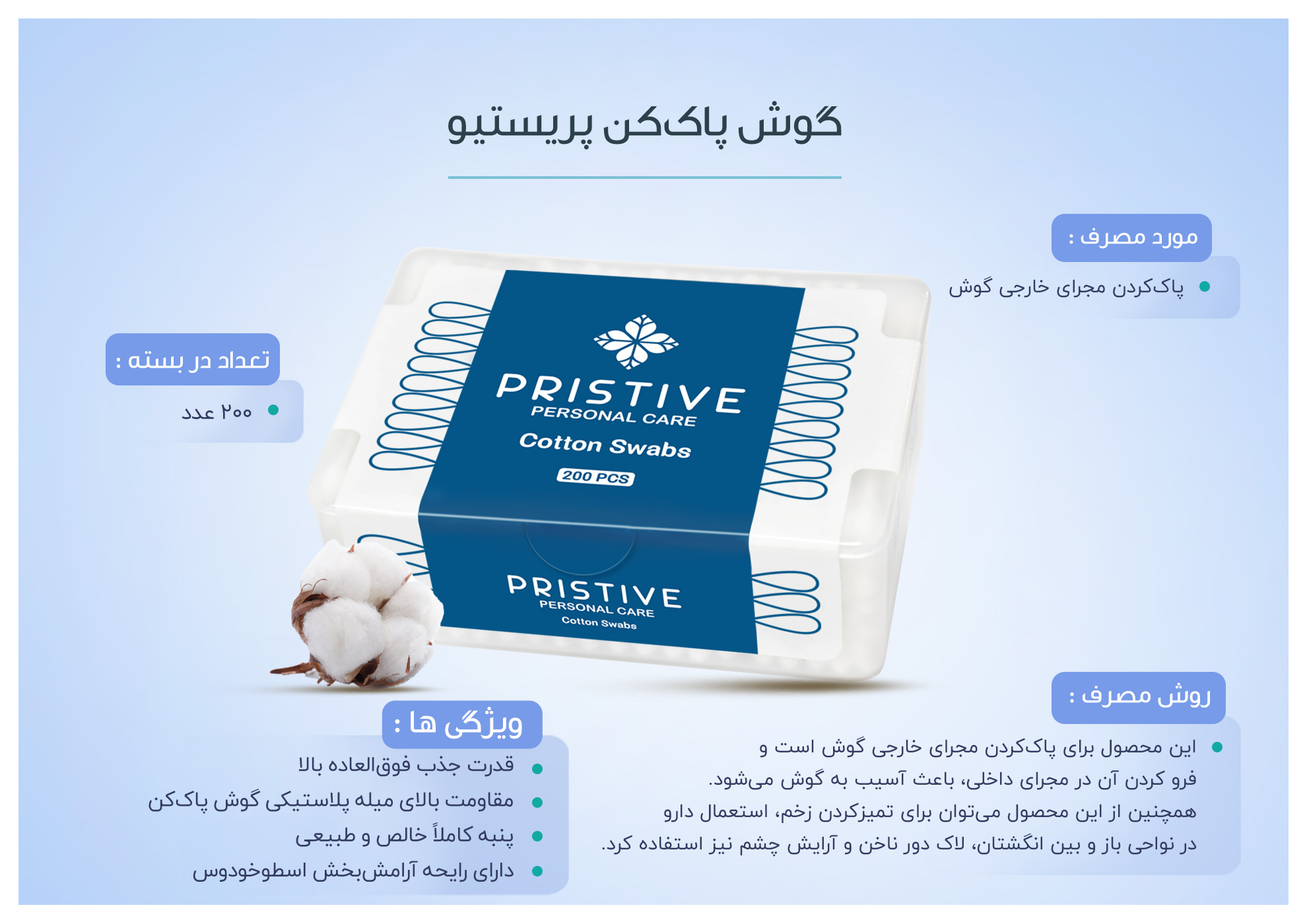 گوش پاک‌کن پریستیو 200 عددی با پنبه ۱۰۰٪ خالص و طبیعی