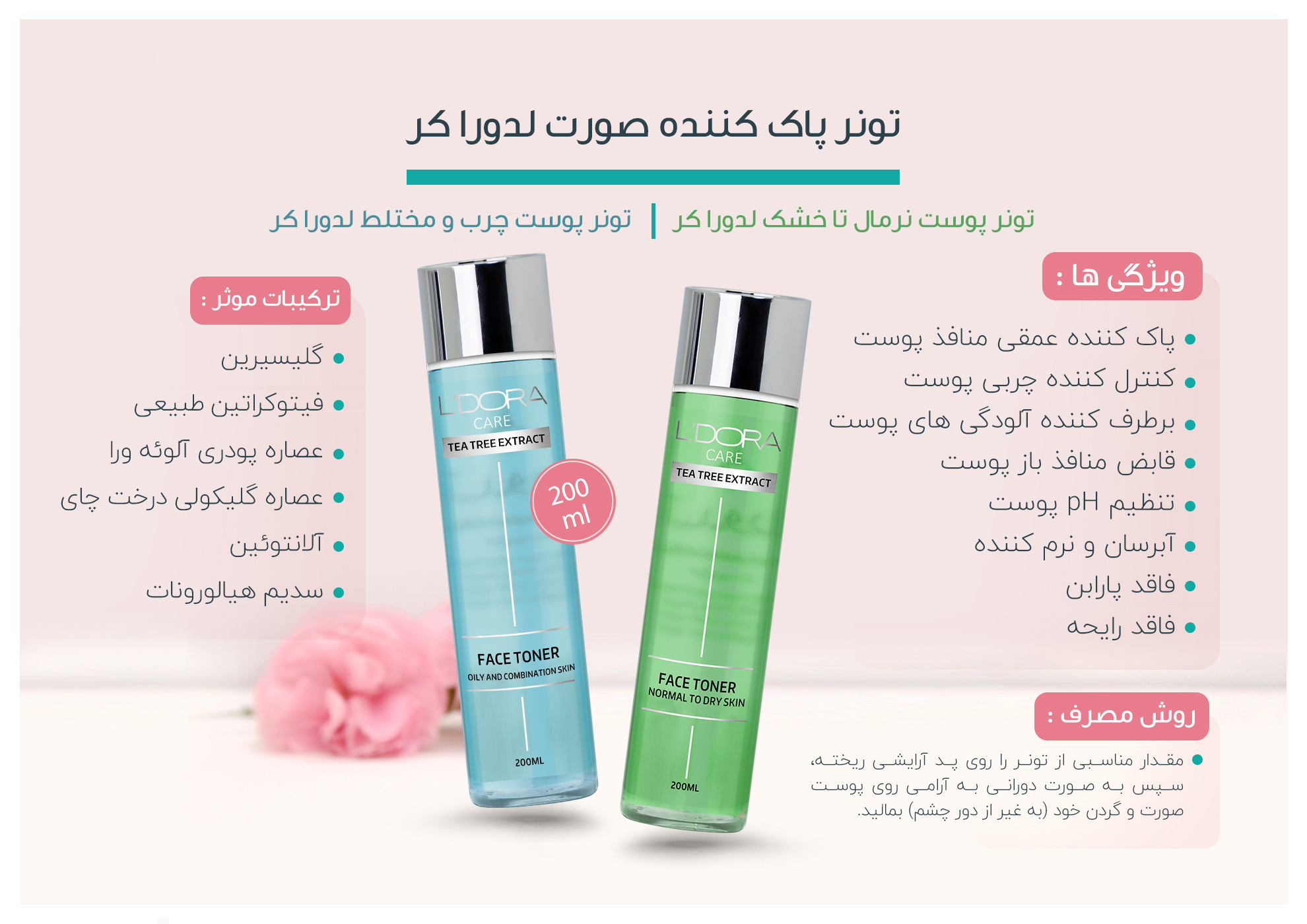 بستهبندی و مشخصات تونر لدورا کر برای پوست نرمال تا خشک